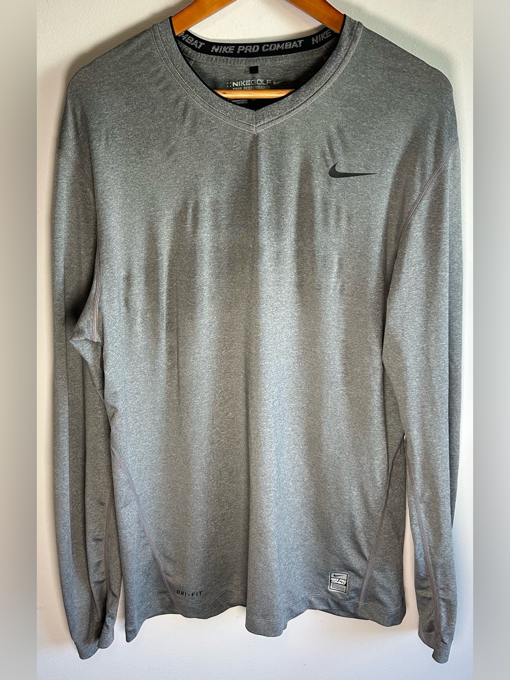 Nike Pro Combat Shirt Mens Size L Gray Long Sleeve Dri-Fit Stretch Compression